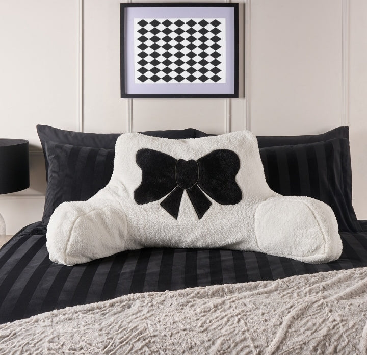 Bow Embroidered Teddy Cuddle Cushion - Monochrome
