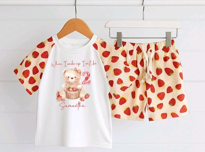 When i wake up i will be Personalised strawberry teddy number bow short set PJ'S (Design 3)