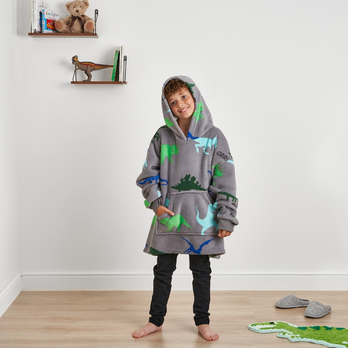 Dinosaur Print Hoodie Blanket, Kids - Grey