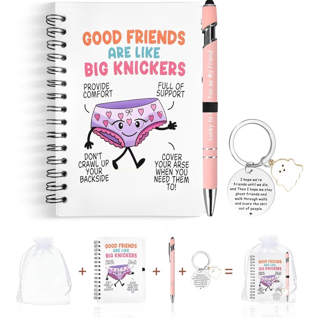 Funny Best Friend - Gifts for Women – “Good Friends Are Like Big Knickers” Notebook Pen & Keychain Set