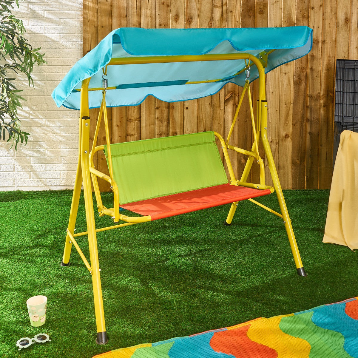 Kids Colour Block Swing Bench with Canopy - Multi