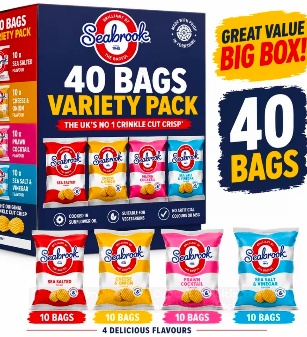 Seabrook Crinkle Cut Crisps Multipack 40 x 25g – Mixed Flavours Variety Pack