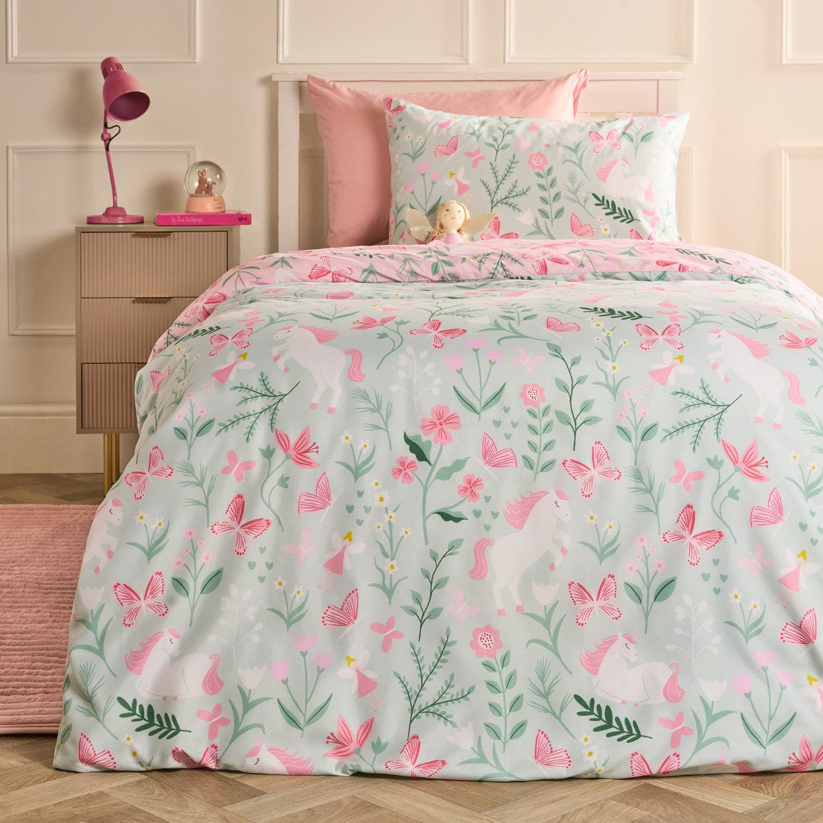Enchanted Unicorn Print Duvet Cover Set - Sage/Pink