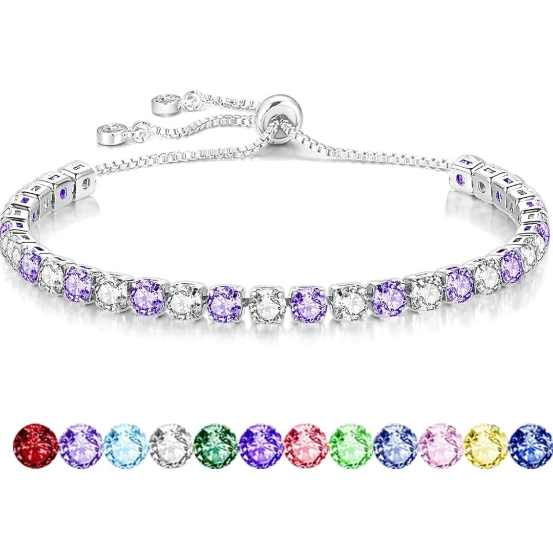 S925 Silver Bracelet for Women Adjustable Slider Crystal Tennis Bracelet Birthstone Jewellery
