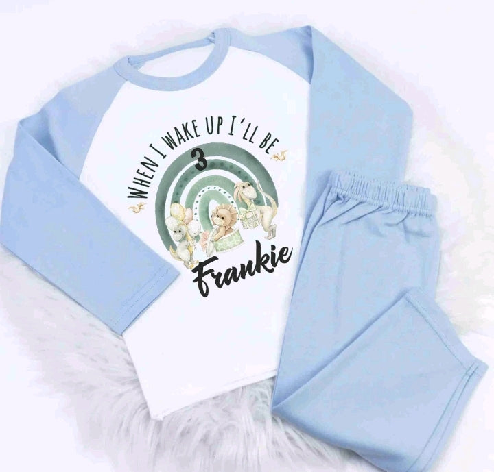 When i wake up i'll be Personalised DINOSAUR 1 PJ'S /short sets Set Toddler Kids