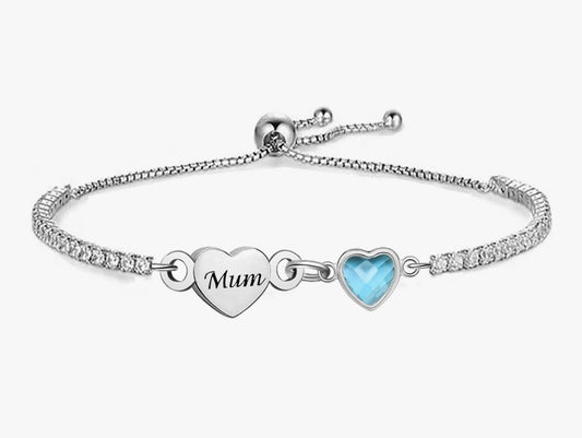Silver Mum Bracelet for Women Heart Charm Dainty Adjustable Bracelet