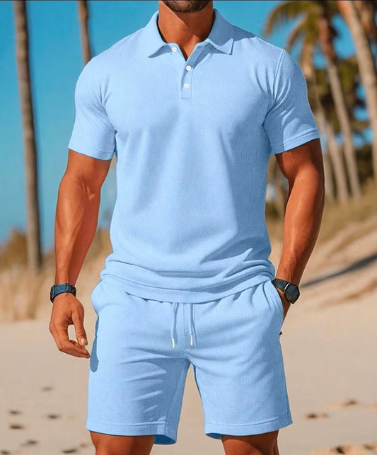 Mens Solid Color Short Sleeve Shirt with Drawstring shorts