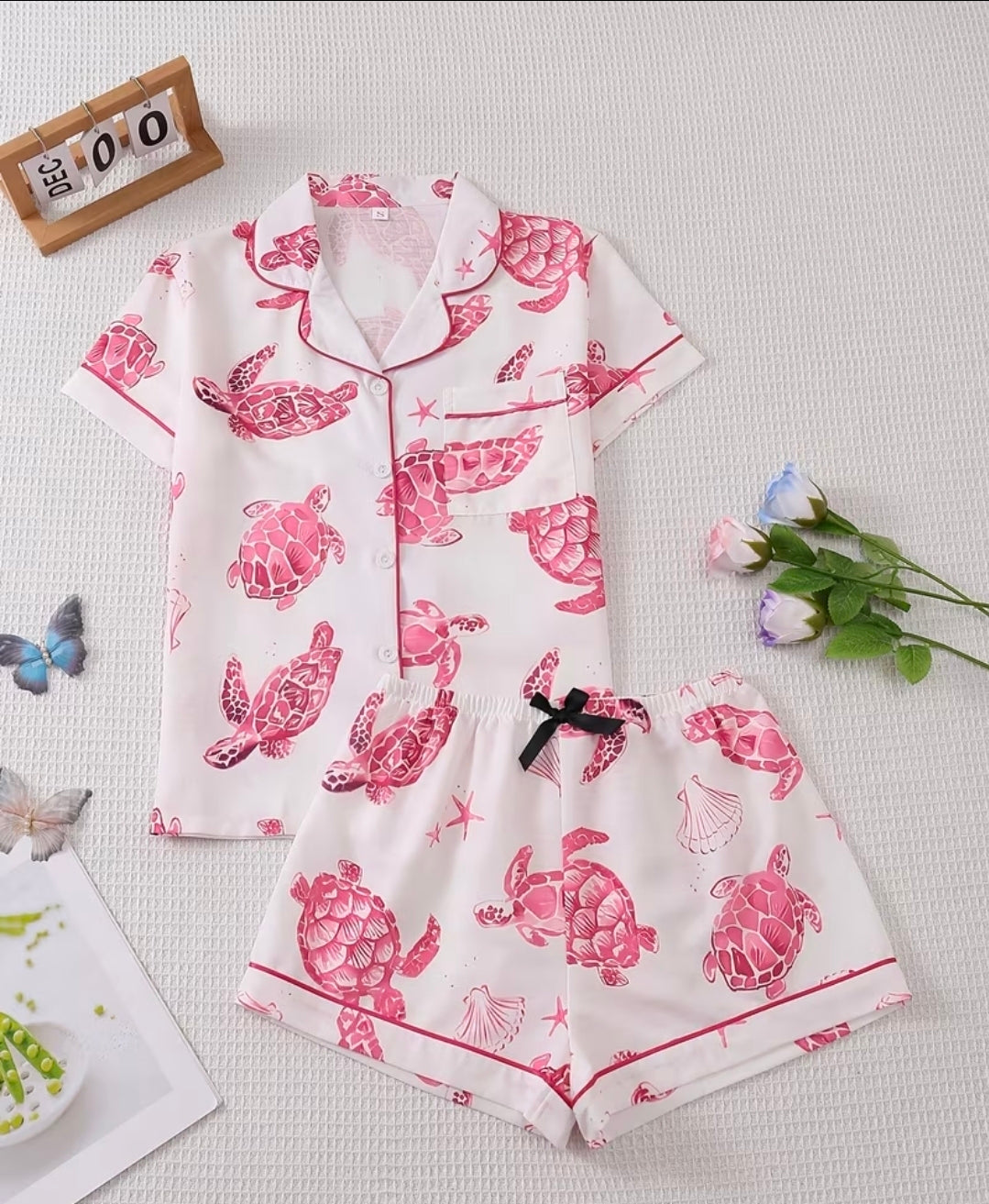 Womens Stylish Pink Sea Turtle All-Over Print 2pcs Pyjama Set