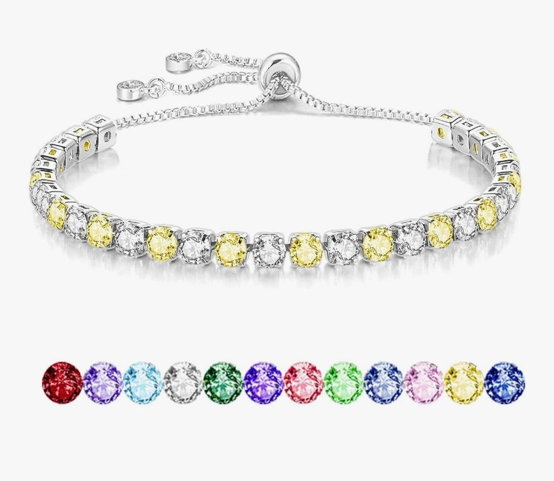 S925 Silver Bracelet for Women Adjustable Slider Crystal Tennis Bracelet Birthstone Jewellery