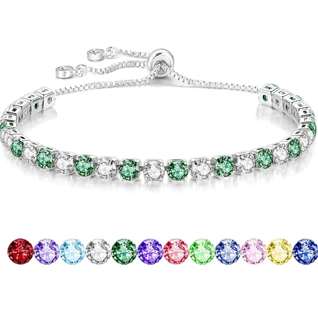 S925 Silver Bracelet for Women Adjustable Slider Crystal Tennis Bracelet Birthstone Jewellery