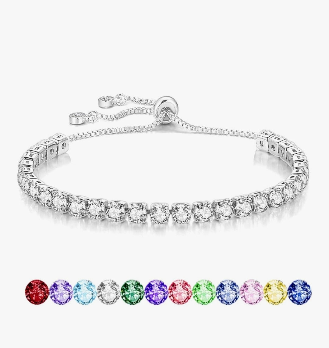 S925 Silver Bracelet for Women Adjustable Slider Crystal Tennis Bracelet Birthstone Jewellery