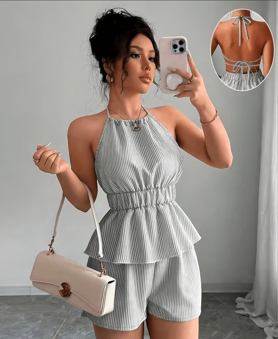 New Womens Lace-Up Backless  Striped Top & Short 2pc set