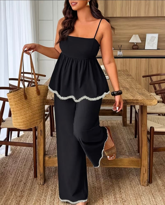 Plus Size Womens Floral Black Lace Camisole Top and Trouser Set