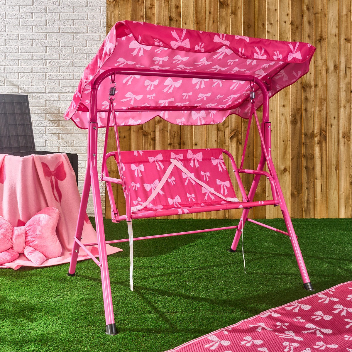 Kids Bow Print Swing Bench with Canopy - Hot Pink