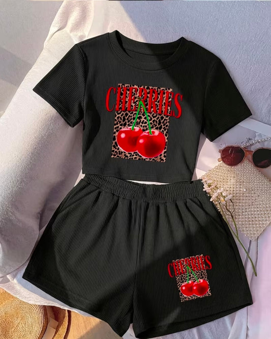Cherry & Leopard Print Womens 2pc Outfit