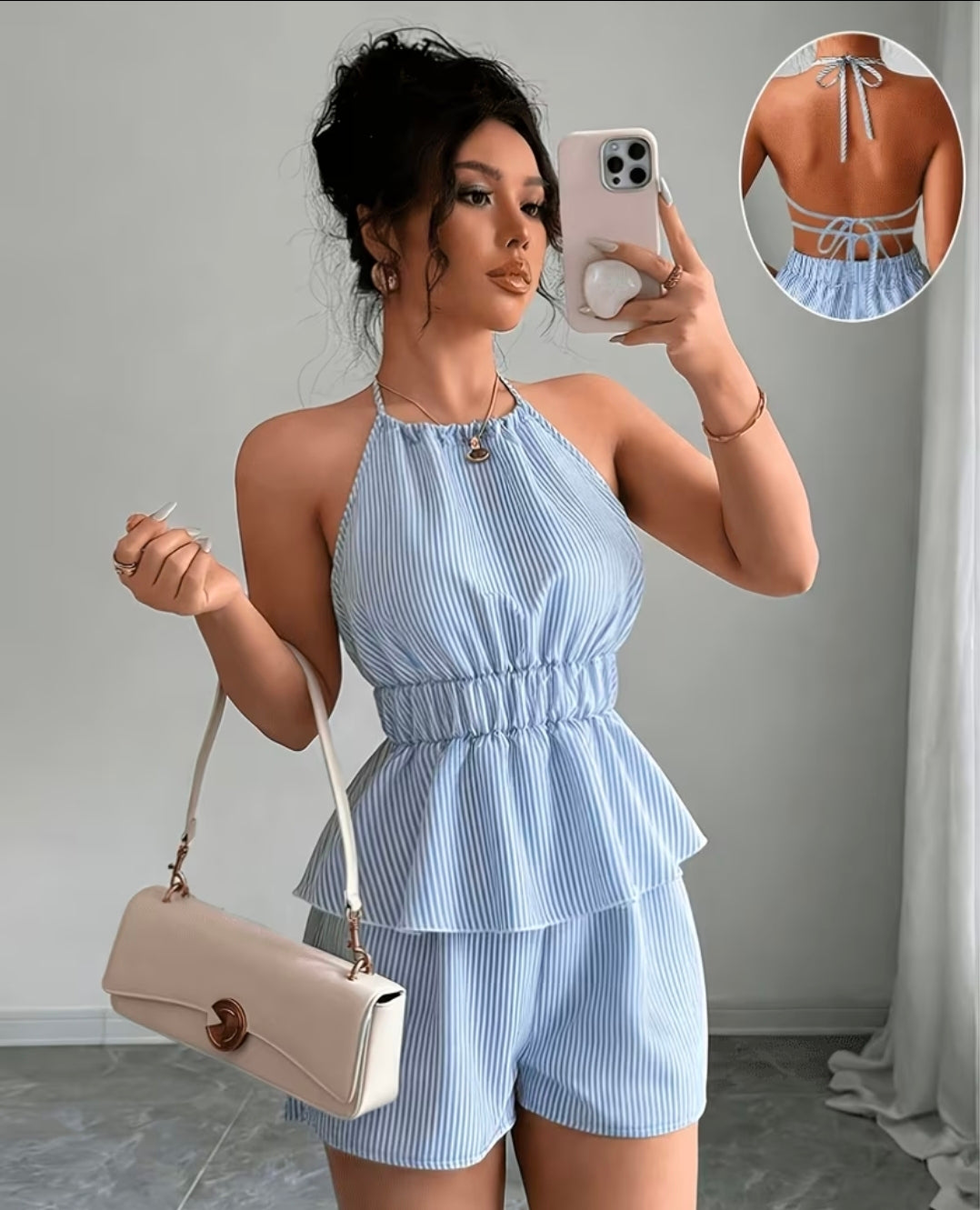 New Womens Lace-Up Backless  Striped Top & Short 2pc set