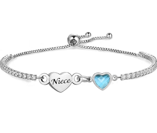 Silver niece Bracelet for Women Heart Charm Dainty Adjustable Bracelet