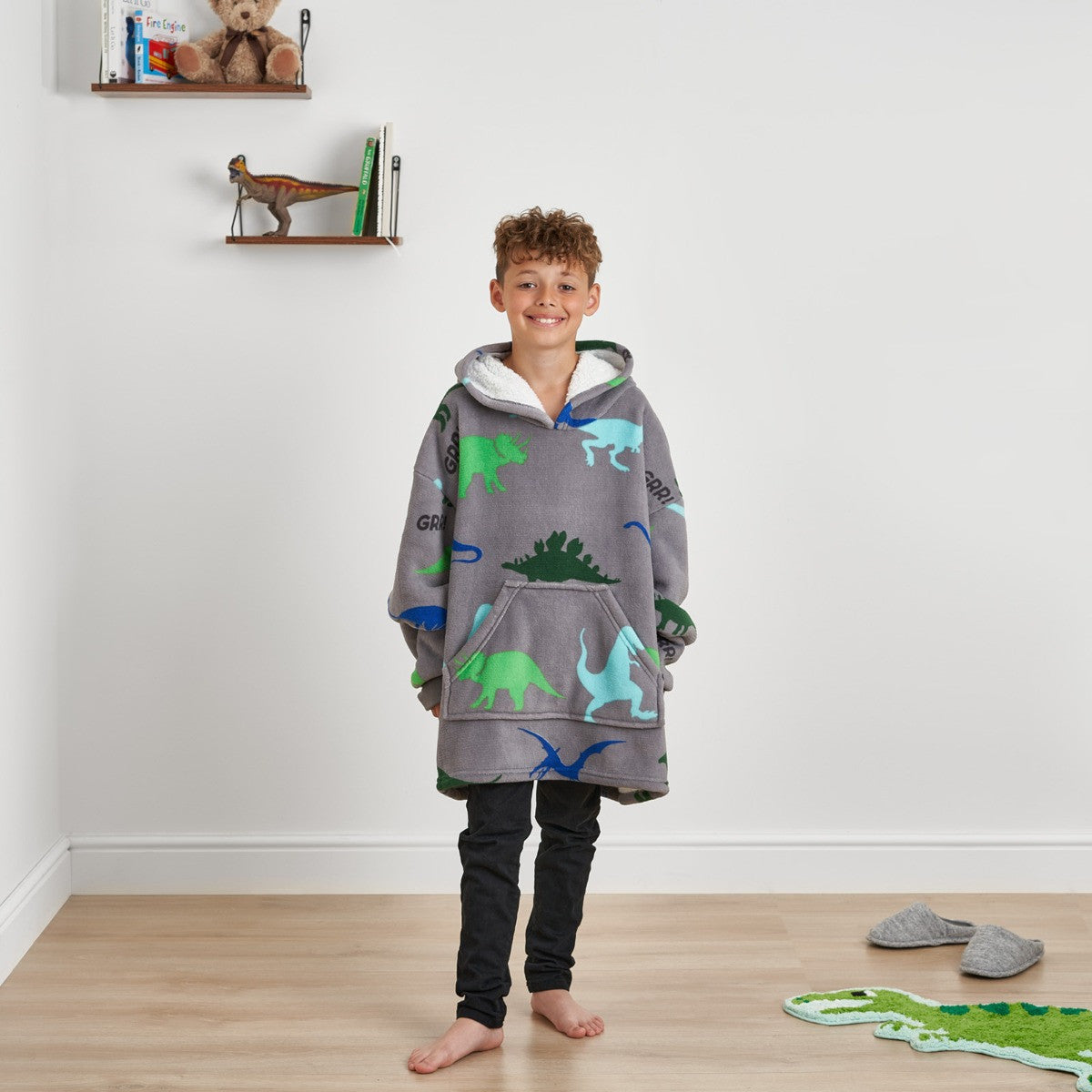 Dinosaur Print Hoodie Blanket, Kids - Grey
