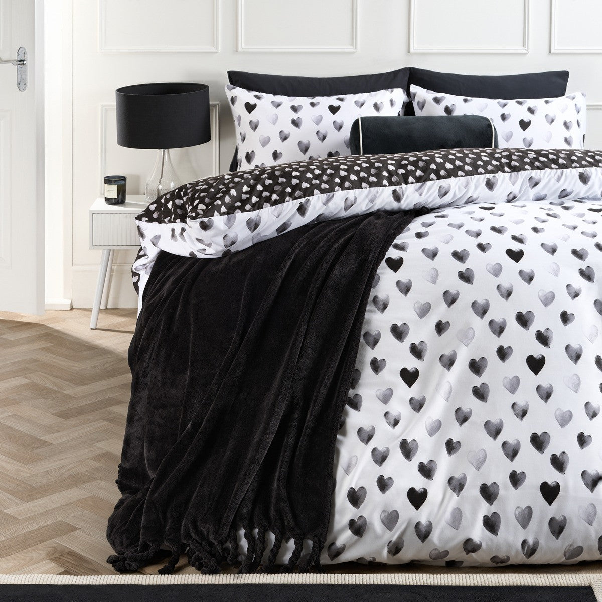 Heart Print Reversible Watercolour Duvet Cover Set, Monochrome