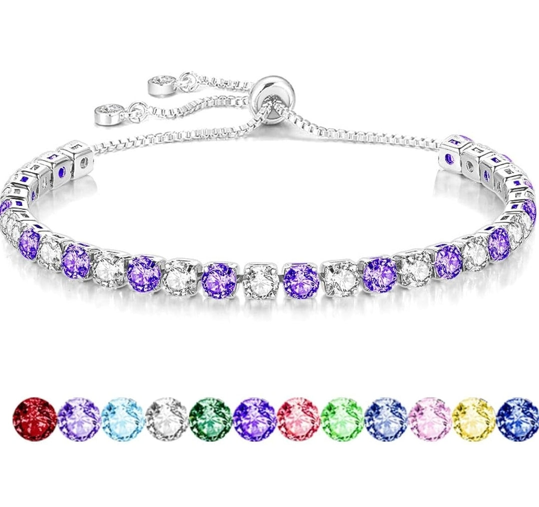 S925 Silver Bracelet for Women Adjustable Slider Crystal Tennis Bracelet Birthstone Jewellery