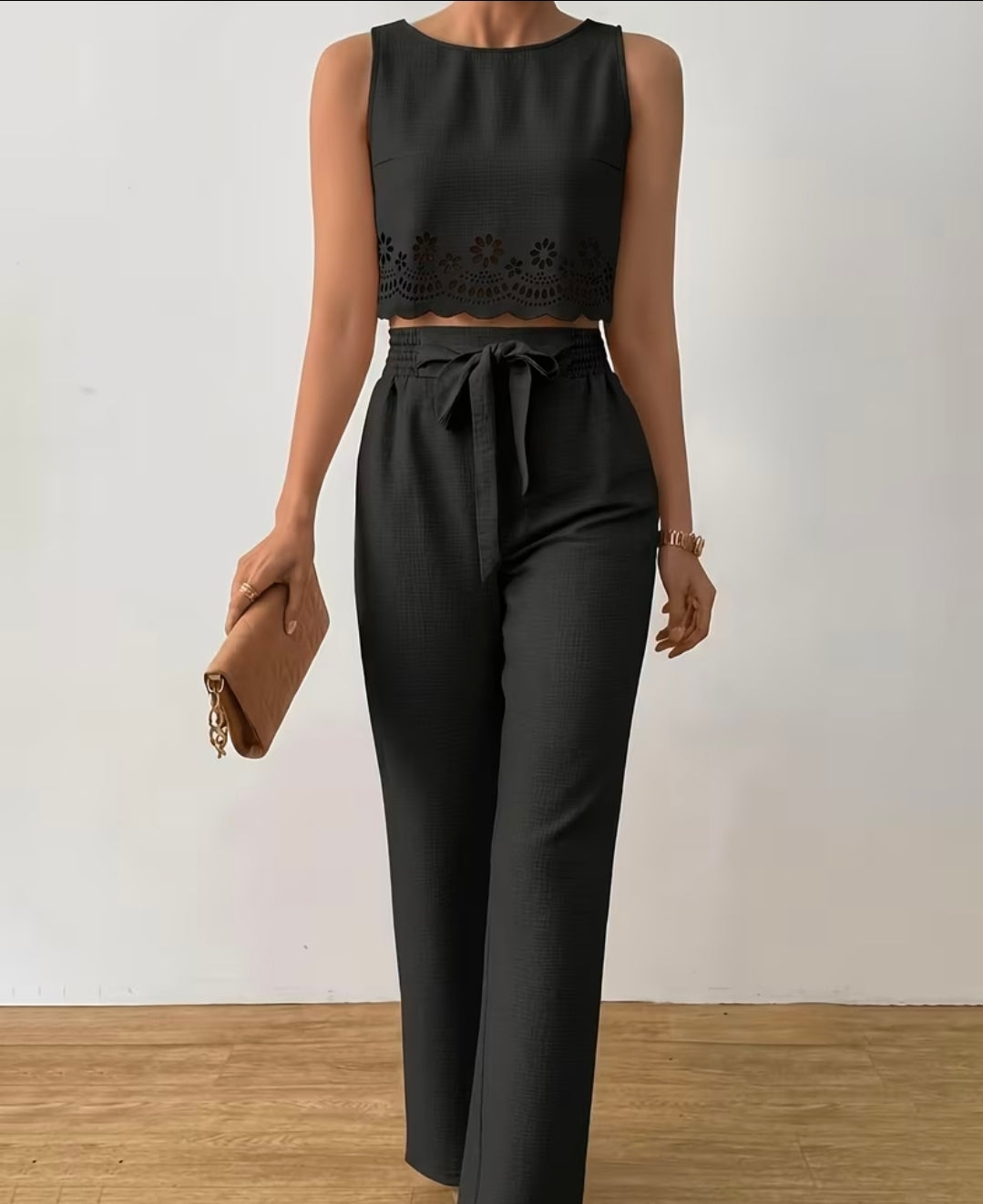Womens Round Neck Floral Crop Top & Elastic Waist Wide-leg Trousers set