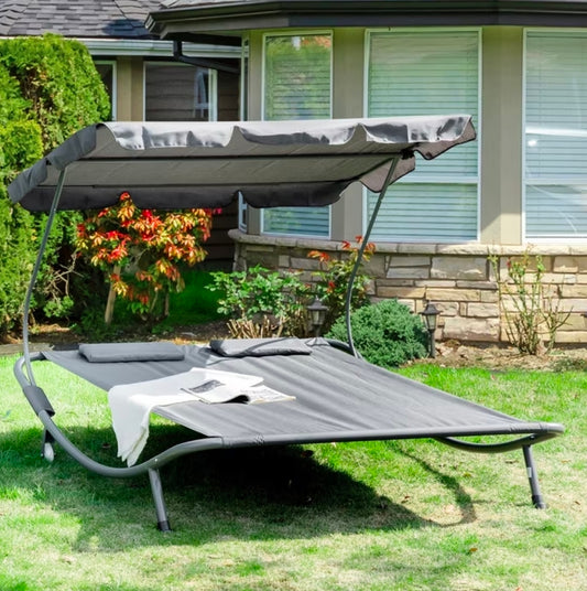 Outsunny Garden Double Hammock Sun Lounger Day Bed Canopy W/ Stand & 2 Pillows