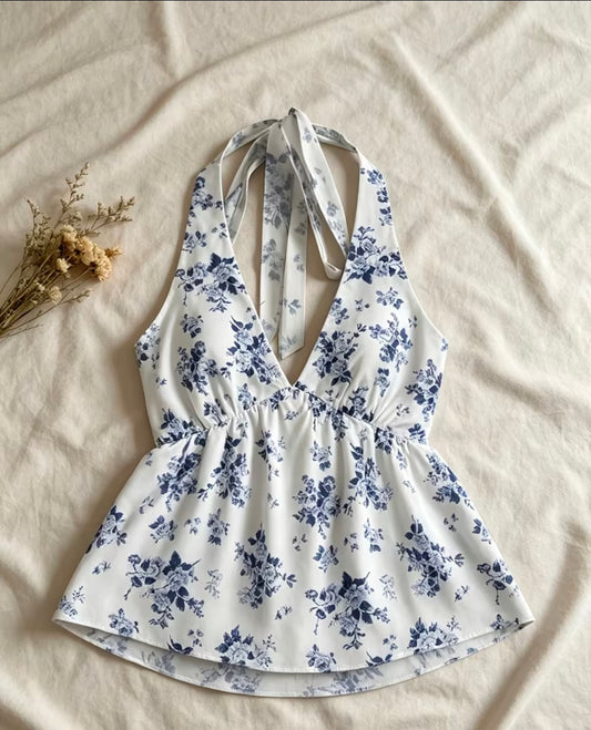 Fresh Blue And White Floral Camisole Top