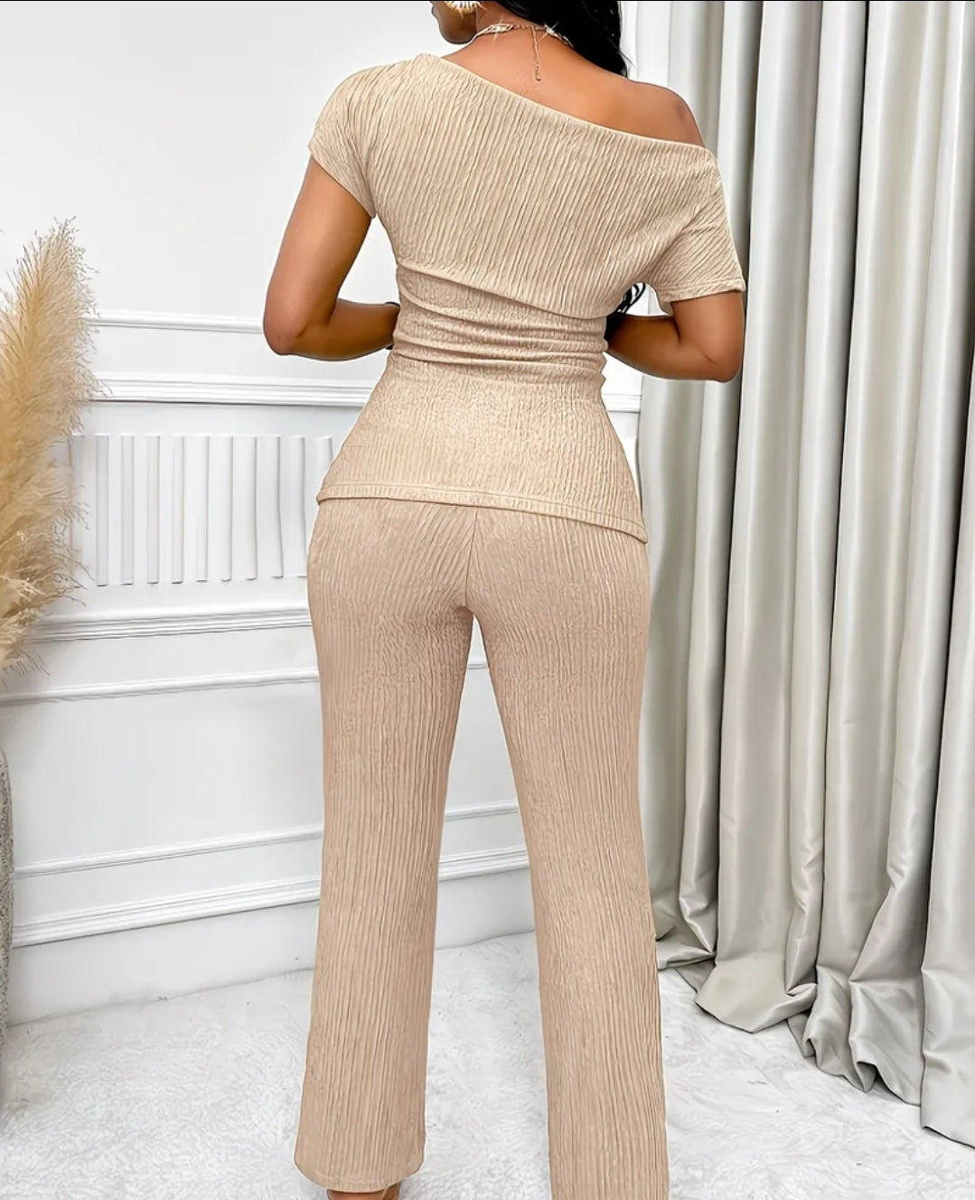 Asymmetrical Collar Top with Pleats And Flared trouser Set
