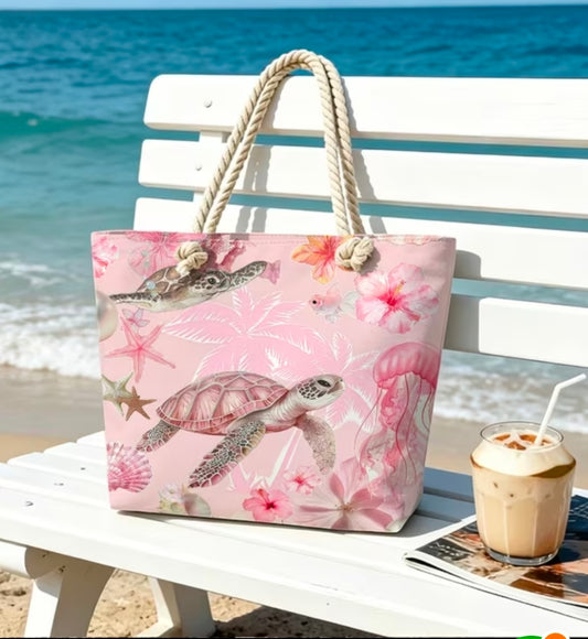 Pink Turtle Print -  Beach Tote Bag