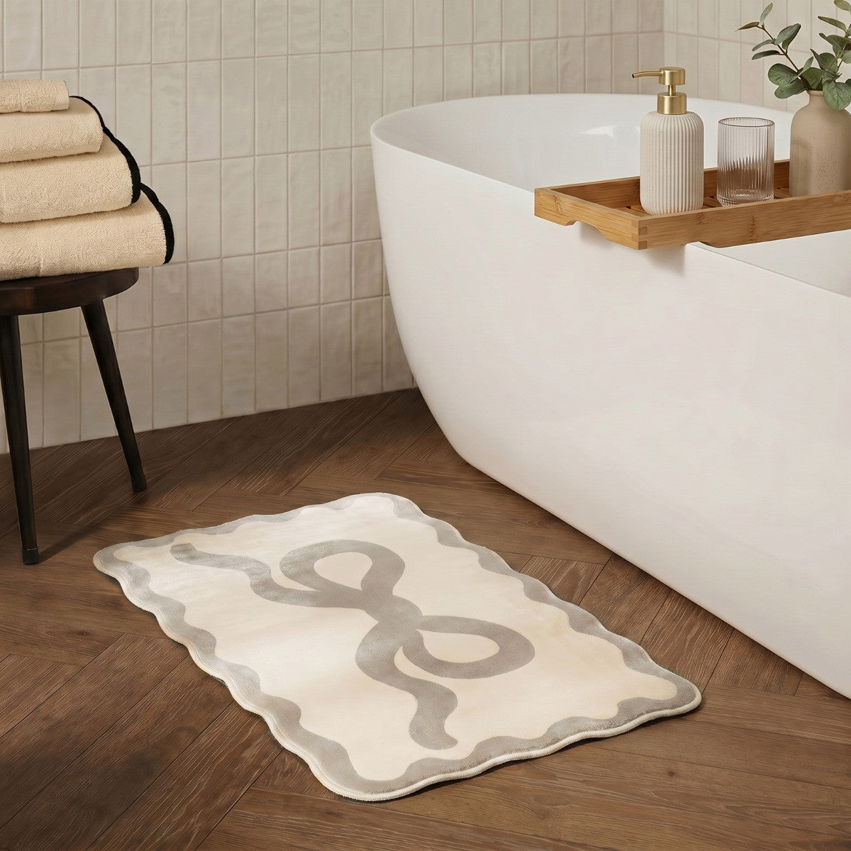 Bow Print Velvet Bath Mat - Natural