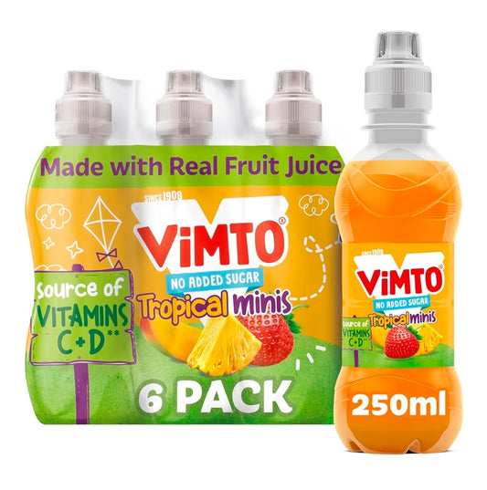 Vimto Kids Juice Drink – No Added Sugar – Tropical Mango, Strawberry & Pineapple – Vitamin C – 6 x 250ml Resealable Bottles