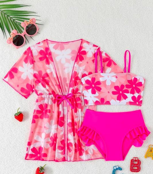 Pink Floral Girls Swimsuit Set with Cover-Up