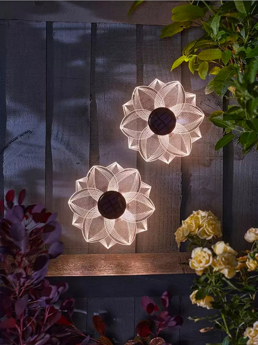 Solar flower wall light with warm white LEDs set 2
