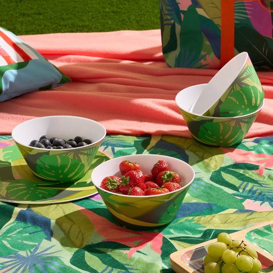 Palm Print Picnic Bowls, Green - 4 Pack