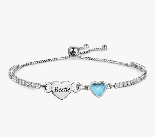 Silver Bestie Bracelet for Women Heart Charm Dainty Adjustable Bracelet