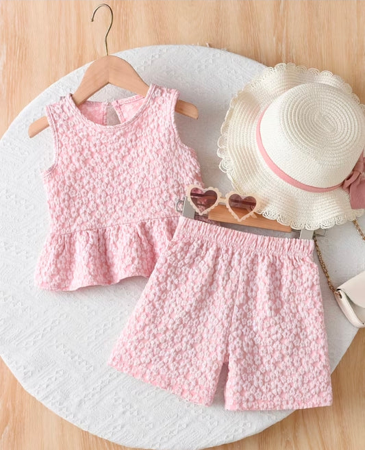 Pink Floral Jacquard Ruffled Hem Neck Top And Short set