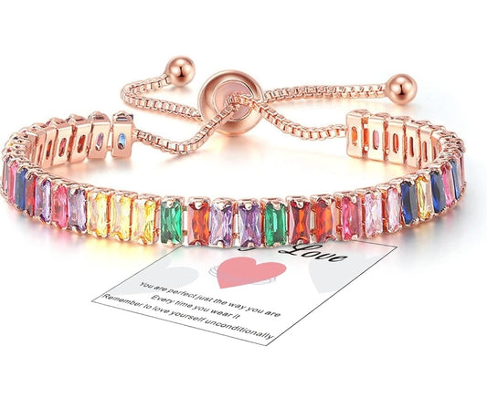 Colorful-Rosegold Bracelet for Women- Sterling Silver Tennis Bracelet- Womens Crystal Slider Bracelet