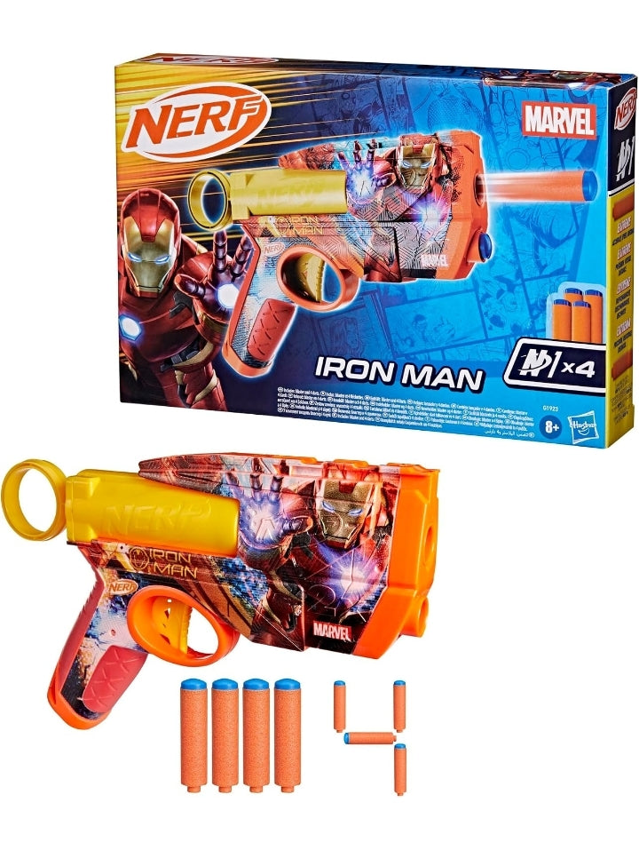 Nerf Marvel Iron Man Dart Blaster with 2-Dart Capacity, Pull-Back Priming & 4 Official N1 Foam Darts