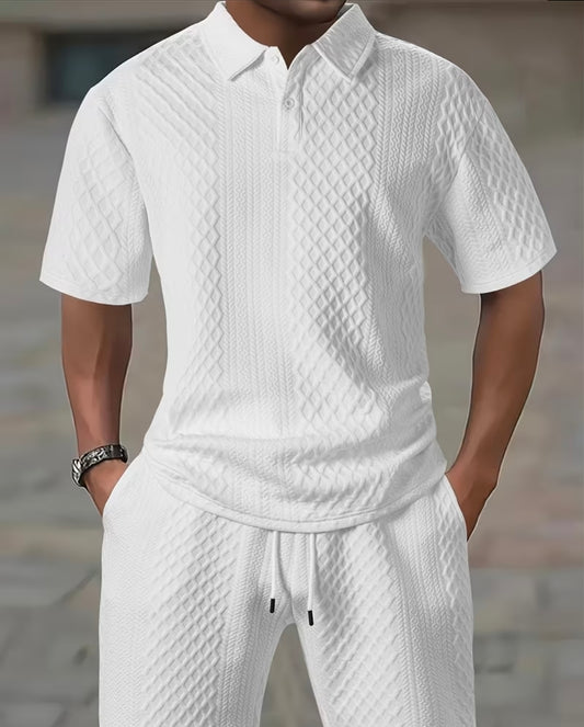 Men's 2pcs Short Sleeve Collar T-Shirt & Drawstring Shorts Outfit