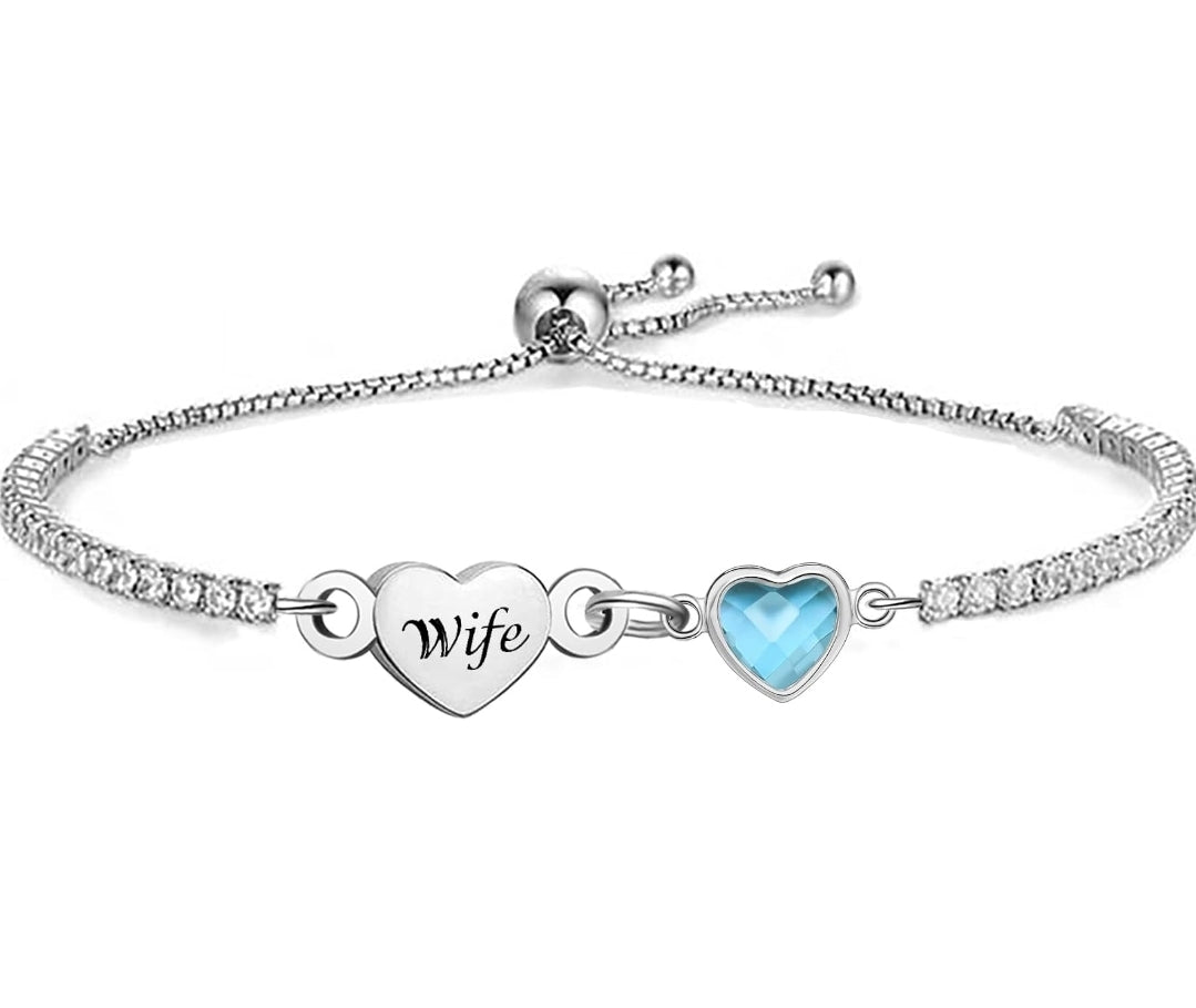 Silver wife Bracelet for Women Heart Charm Dainty Adjustable Bracelet