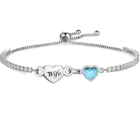 Silver wife Bracelet for Women Heart Charm Dainty Adjustable Bracelet
