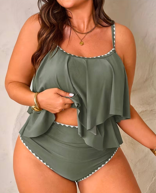 Womens Plus Size Solid Color Ruffle Swim Set