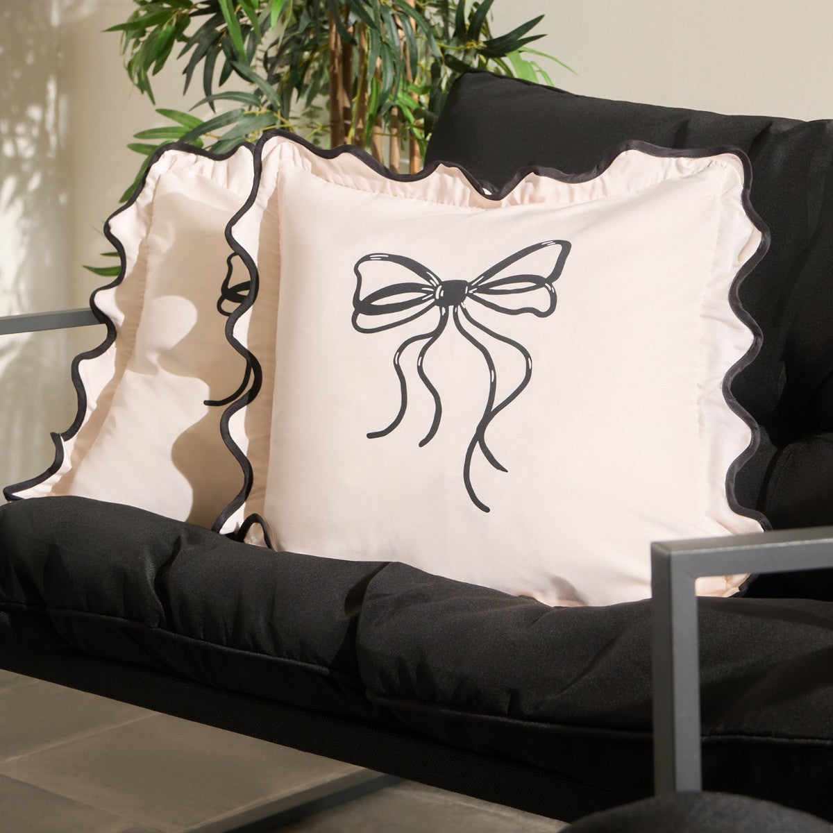 Indoor/Outdoor Bow Print Frill Cushion Covers, Monochrome - 45 X 45cm (pack of 2)