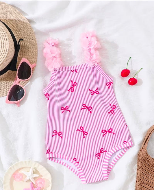 Girls Pink Bow striped swimsuit