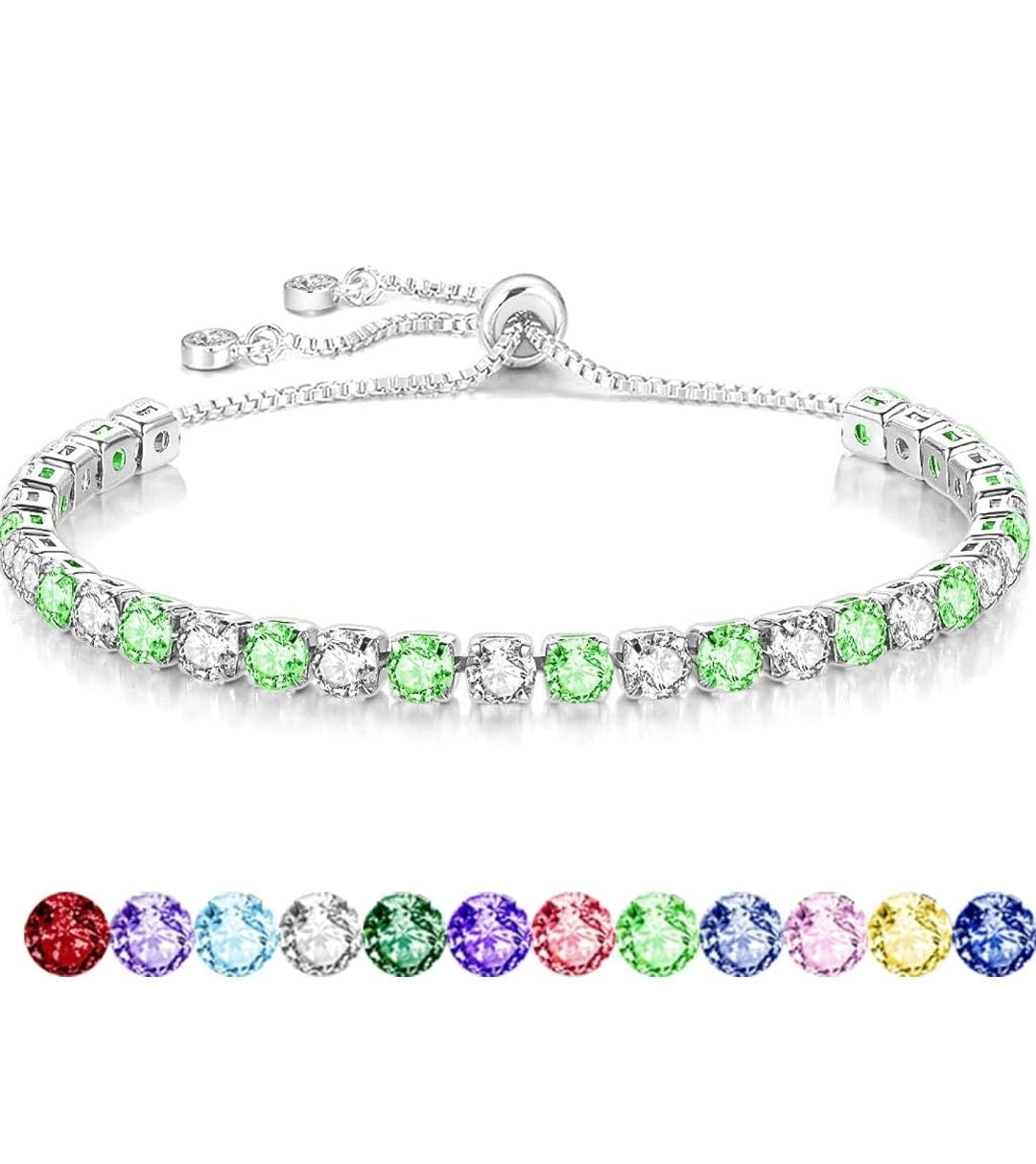 S925 Silver Bracelet for Women Adjustable Slider Crystal Tennis Bracelet Birthstone Jewellery