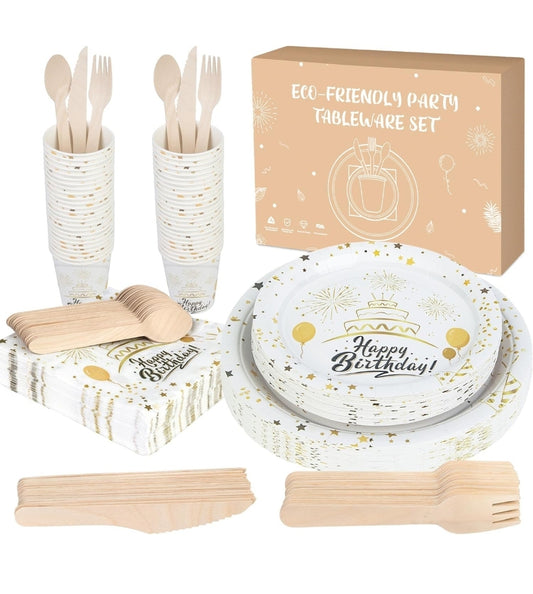 White and Gold Paper Plates, 200pcs Paper Plates Cups and Cutlery Set