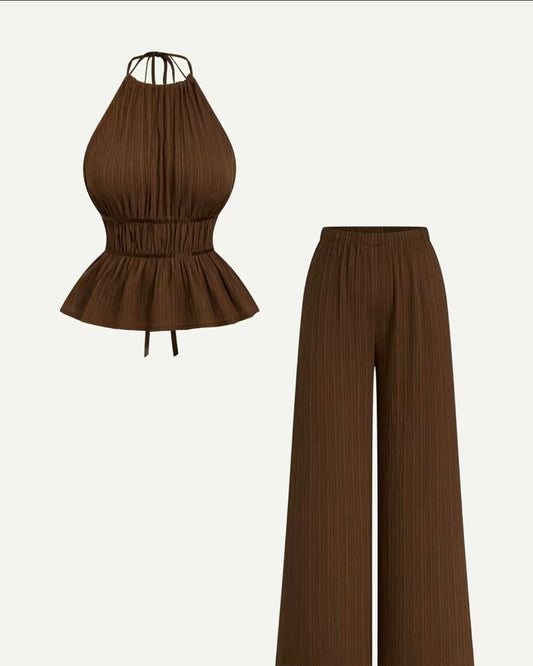Womens 2pcs  Retro Style Ruched Texture Backless Sexy Lace-Up Halter Top And Wide-Leg Long Pants Set