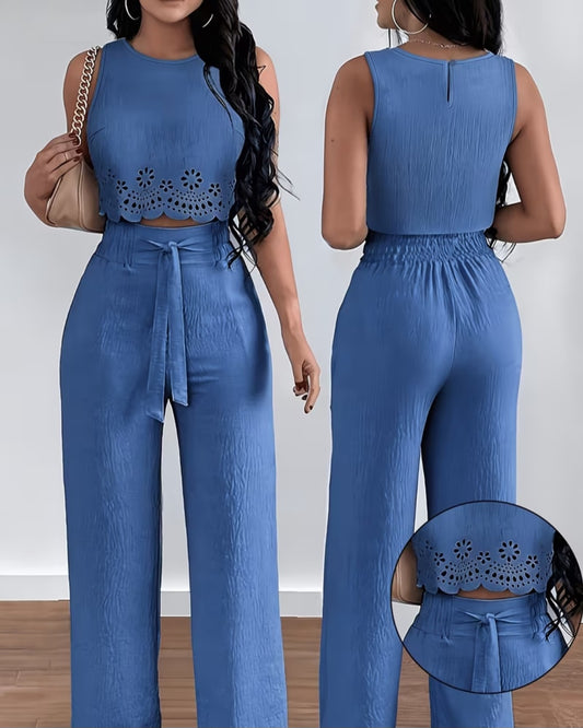 Womens Round Neck Floral Crop Top & Elastic Waist Wide-leg Trousers set
