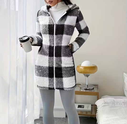 Women'S Plaid Print Fleece-Lined Hooded Zip-Up Jacket