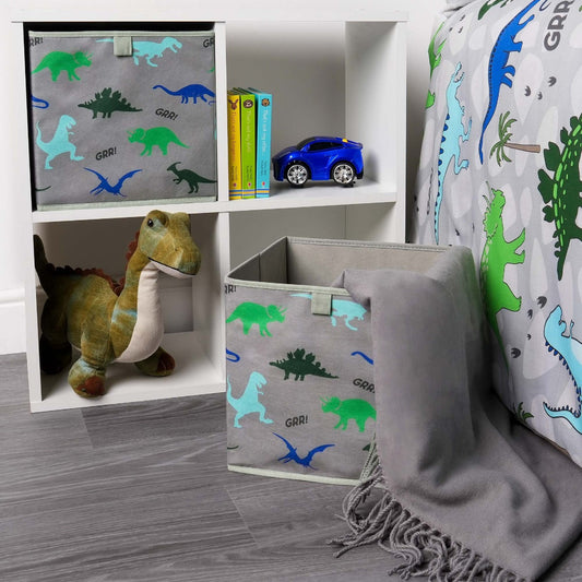 Dinosaur Print Cube Storage Boxes, Grey - 2 Pack